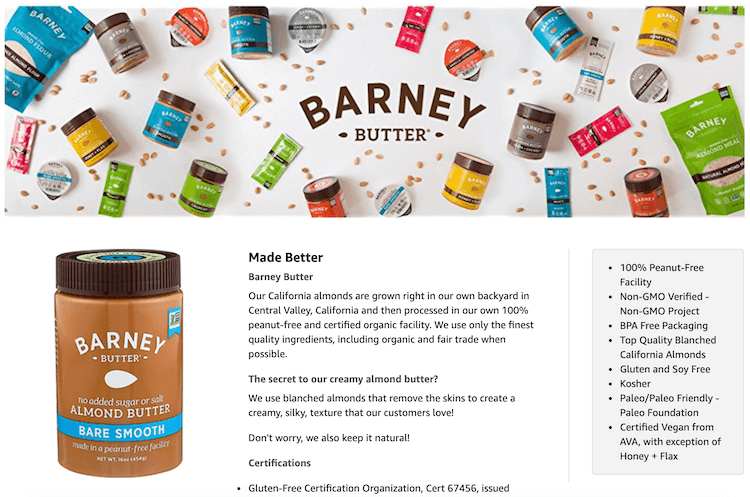 Amazon product descriptions: Barney Butter A+ content